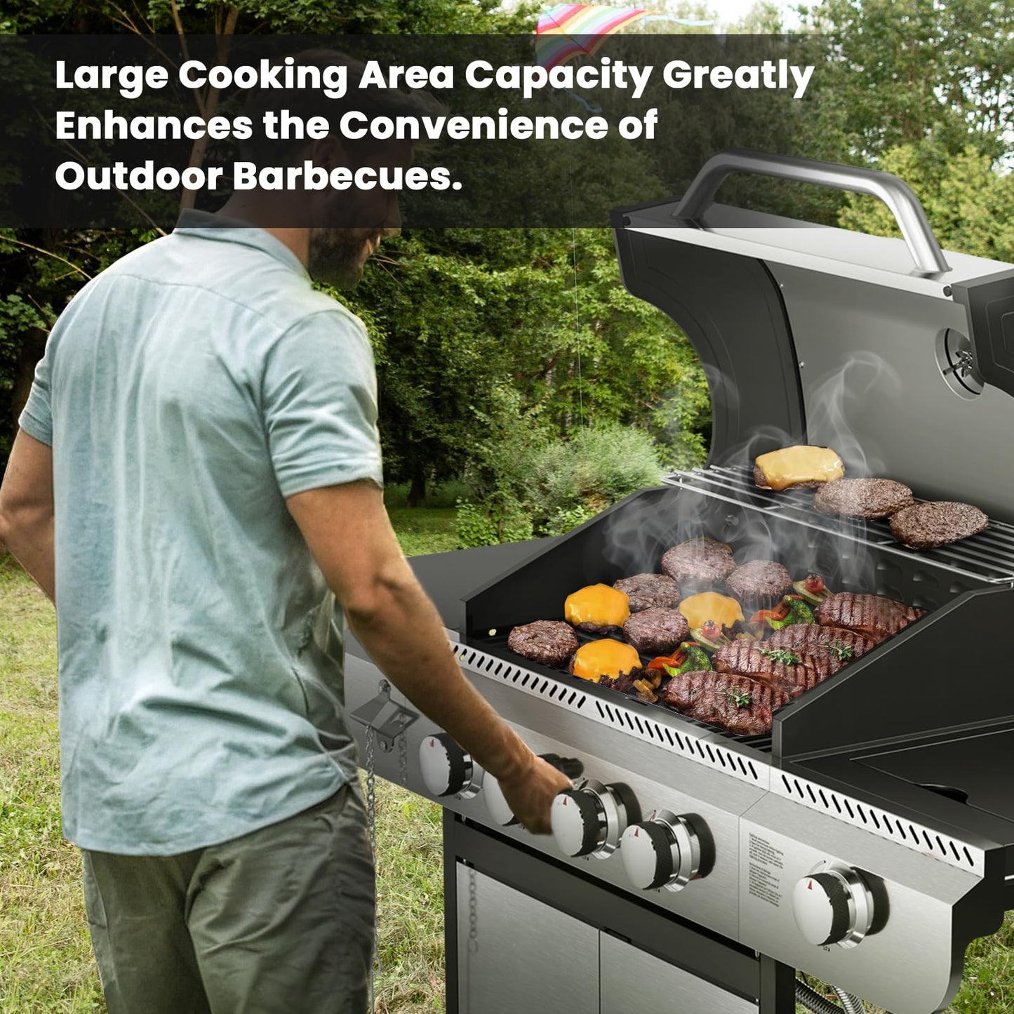 4-Burner Gas BBQ Grill with Side Burner, Porcelain-Enameled Cast Iron Grates, Baking Pan, 42,000 BTU Stainless Steel Propane Grill for Outdoor Cooking and Patio Barbecues