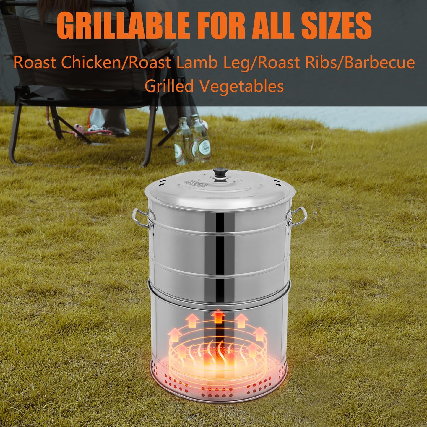 BAIODNB Large Portable Charcoal Grills, Stainless Charcoal BBQ Grill Barrel 360° Smokeless Outdoor with 50 Skewers, Boiling Pot Barbecue Smoker Grill for Travel, Outdoor Cooking and BBQ
