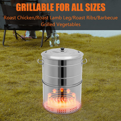 BAIODNB Large Portable Charcoal Grills, Stainless Charcoal BBQ Grill Barrel 360° Smokeless Outdoor with 50 Skewers, Boiling Pot Barbecue Smoker Grill for Travel, Outdoor Cooking and BBQ