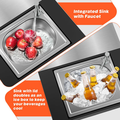 Outdoor Grill Table with Sink, Pizza Oven Cart with Drawer & Wheels, Movable 3 Shelf Food Prep Table for Ninja Woodfire, Blackstone Griddle Stand, Ooni Pizza Oven, Cuisinart, Cooking Station