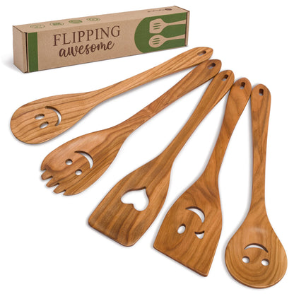 MFC 5-Piece Wooden Cooking Spoons - Kitchen Spatula Set from Natural Cherry Wood - Wooden Spoons for Cooking - Funny Utensil Set with Smiley Faces - Cooking Multipurpose Wood Utensils