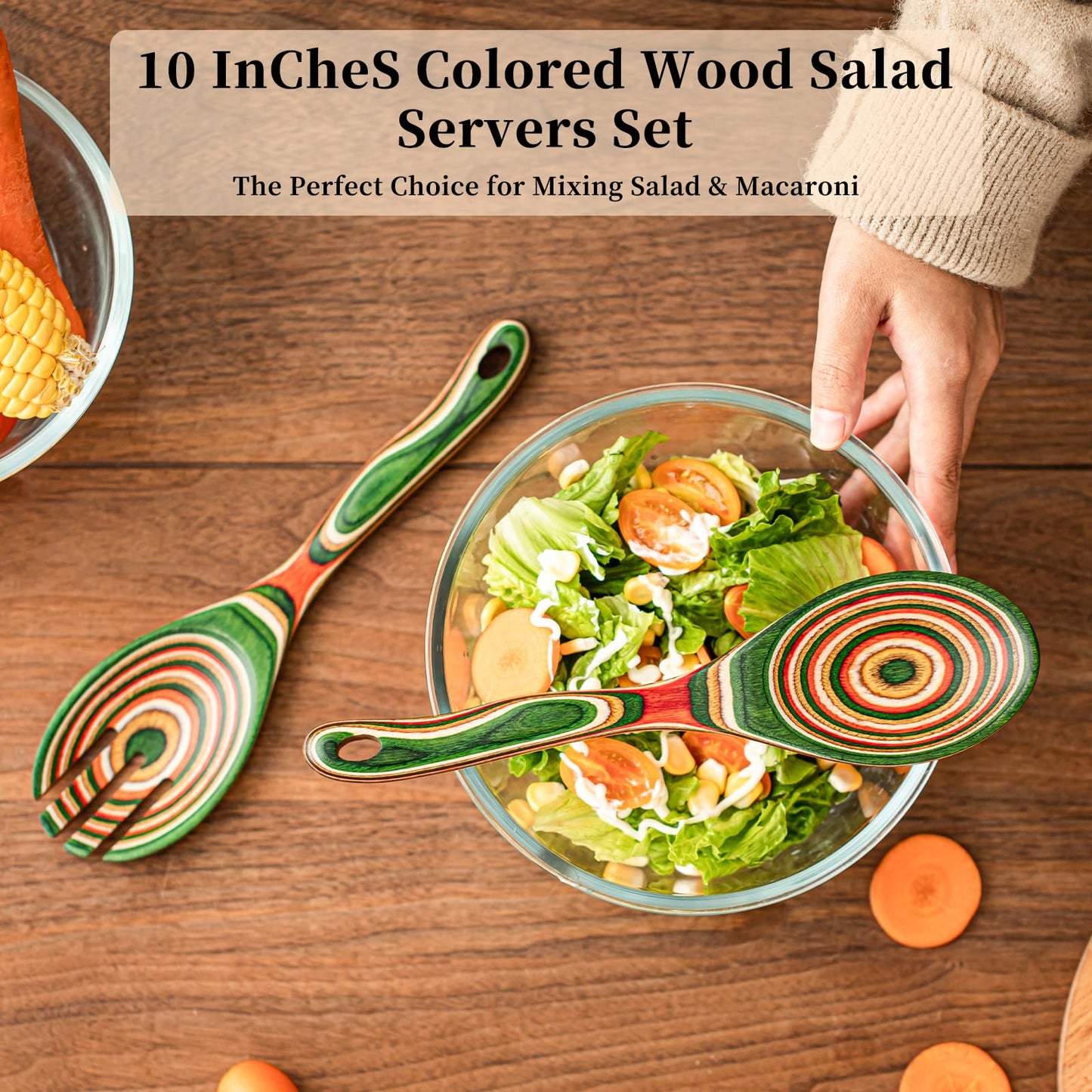 Gudamaye Pakkawood Wooden Salad Server Set,10.5 inch Salad Tongs for Serving including Salad Mixing Dinner Fork and Spoon,Long Handle Salad Server Set