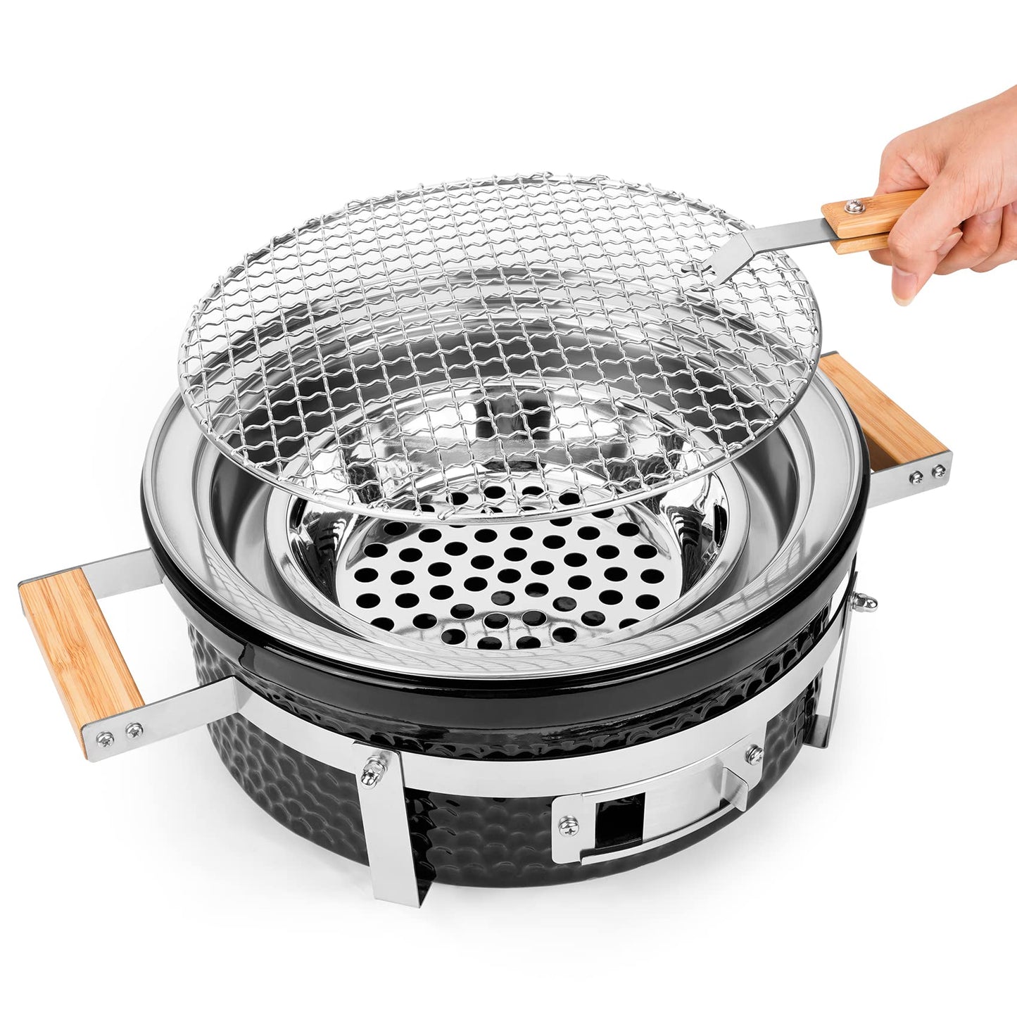 Onlyfire Ceramic Hibachi Charcoal Grill with Grid Lifter, 14" Portable BBQ Yakitori Grill with Stainless Steel Grate for Outdoor Patio Backyard Barbecue Cooking, GS305