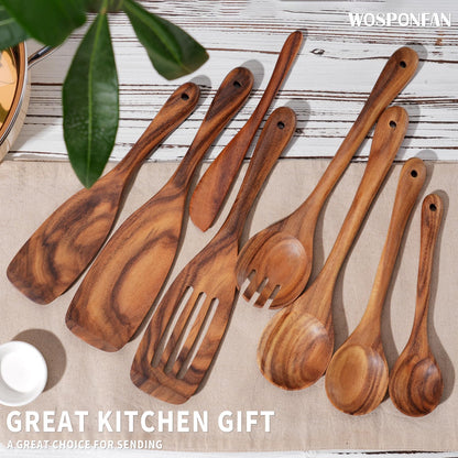 WOSPONFAN Wooden Cooking Utensils Set, 9 PCS Teak Wood Spoons, Spatula, Slotted Spoon, Handmade Modern Kitchen Utensils