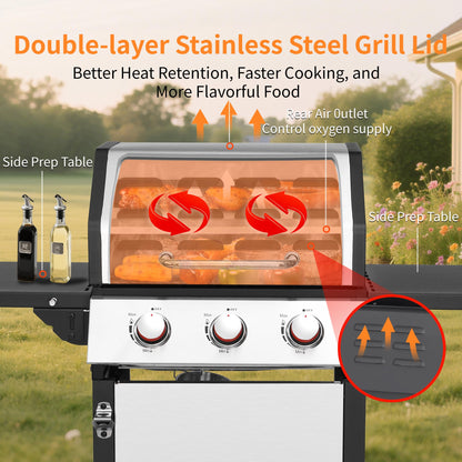 3-Burner Propane Gas Grill with 30,000 BTU Output - Double-layer Stainless Steel Grill Lid, Cast Iron Cooking Grids, Easy-Clean Grease Management & Even Heat Distribution for Perfect BBQs