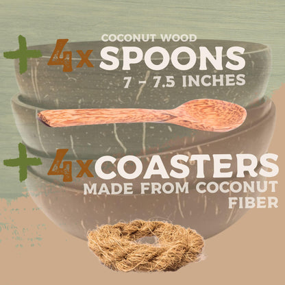 cocovibes 4 Handcrafted Wooden Bowls for Food Coconut Bowl Set with Spoons & Anti-Tip Coconut Rings perfect for Smoothie Bowls, Yogurt or Cereals