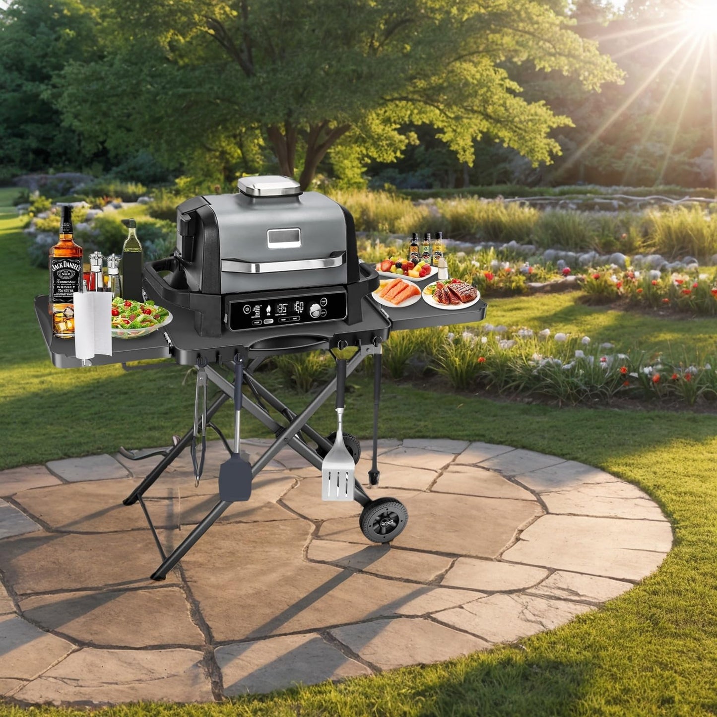 Portable Grill Cart for Ninja Woodfire OG700 OG800 OG900, Blackstone Griddle, for Weber Q100 Q200 Q300, Pizza Oven, Collapsible Grill Stand for Most Portable Grills, Large Surface Grill Trolley