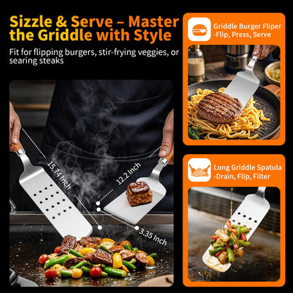 16 Inch Grilling Accessories Set, Heavy Duty Stainless Steel BBQ Accessories Tools and Grill Accessories for Outdoor Grill with Spatula, Fork, & Tongs - Grilling Gifts for Men Women Father