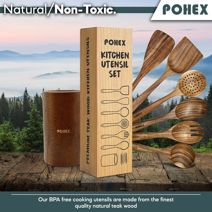 Pohex Teak Wood 12 Piece Kitchen Utensil Set with Wooden Holder/Barrel, 6 Gadgets Wooden Spatula, Spurtle, Slotted Spoon, Salad Spoon and Fork, Small Mixing Spoon and 6 Hooks Handmade Cookware No BPA