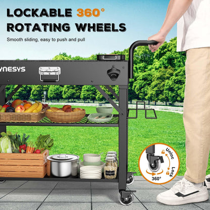 Raynesys Outdoor Grill Cart, 440lbs Outdoor Grill Table, 31x17 inch Blackstone Griddle Stand, Portable Folding Cart with Wheels, 2-Tier Storage Rack & Side Storage Box (Black)