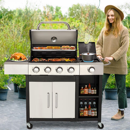 4-Burner Propane Gas Grill with Side Burner & Cabinet - 49,000 BTU Stainless Steel BBQ Grill, Porcelain-Enameled Cast Iron Grates for Outdoor Cooking, Patio & Backyard