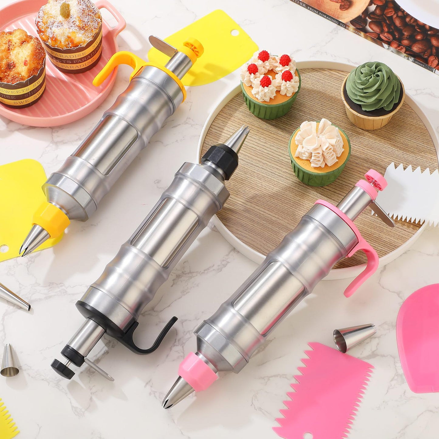 Ziliny 3 Sets Dessert Decorating Syringe Set, Cupcake Frosting Filling Injector with 6 Icing Nozzles 1 Nozzle Connector 3 Cream Scrapers Icing Tool, Cake Decorating Kit, Main Stainless Steel Design