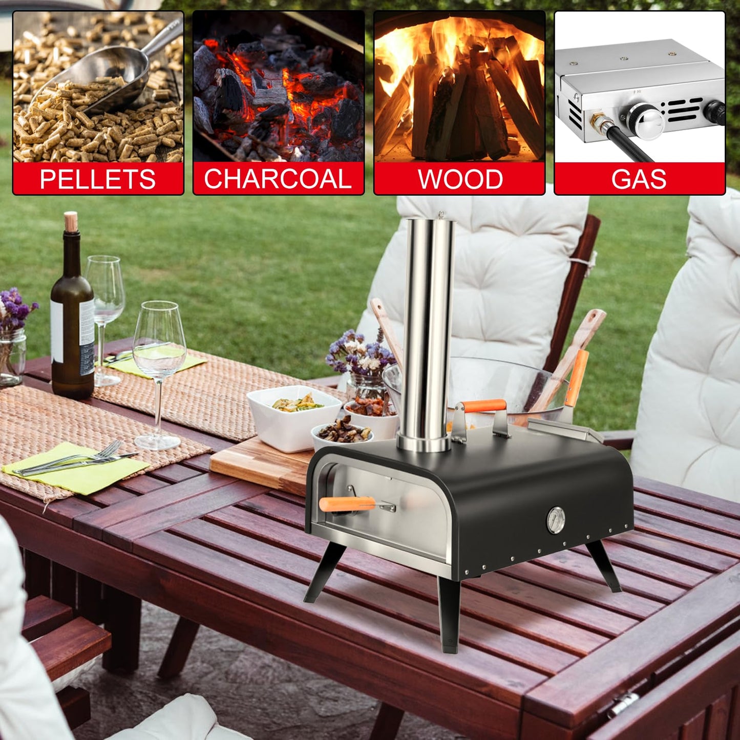 EDOSTORY Pizza Oven Outdoor Wood Fired and Gas Pizza Oven 12 Multi-Fuel Pizza Oven, Portable Pizza Maker Oven Grill for Outside