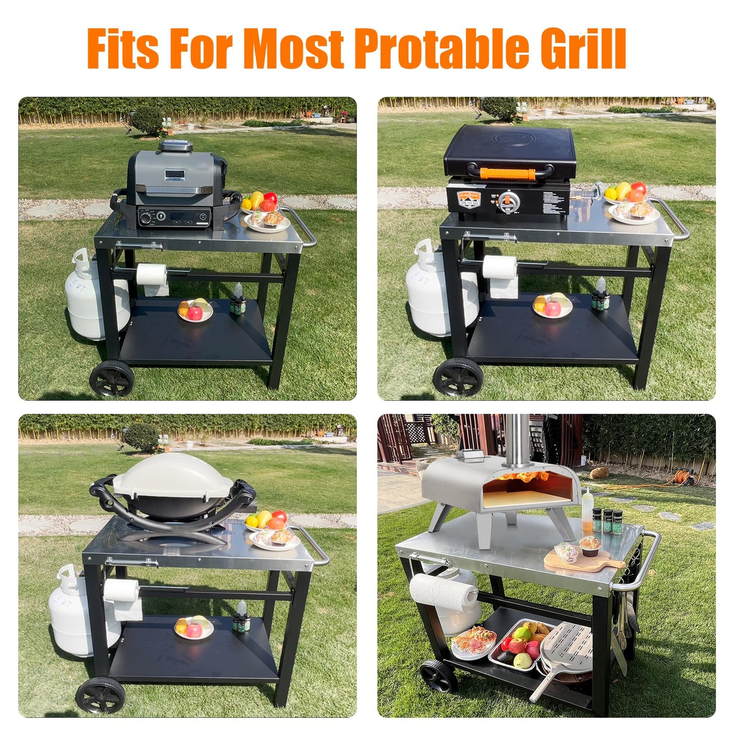 GRILL FORCE Outdoor Grill Table, Movable Dining Cart, Pizza Oven Table Stand, Double-Shelf Grill Stand, Food Prep and Work Cart with Wheels, Hooks, Fits for Blackstone Ninja