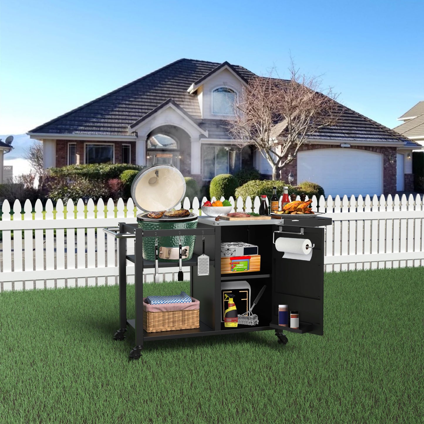 Grill Table for Big Green Egg, Metal Grill Stand Compatible with up to Medium Green Egg,Kamado Joe Jr