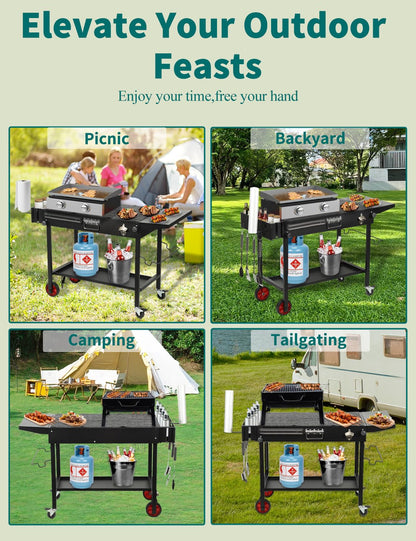 FATOK Portable Grill Cart Table with Wheels, for 17-22 Inch Blackstone Griddle Stand, Foldable BBQ Prep Station with Seasoning Tray