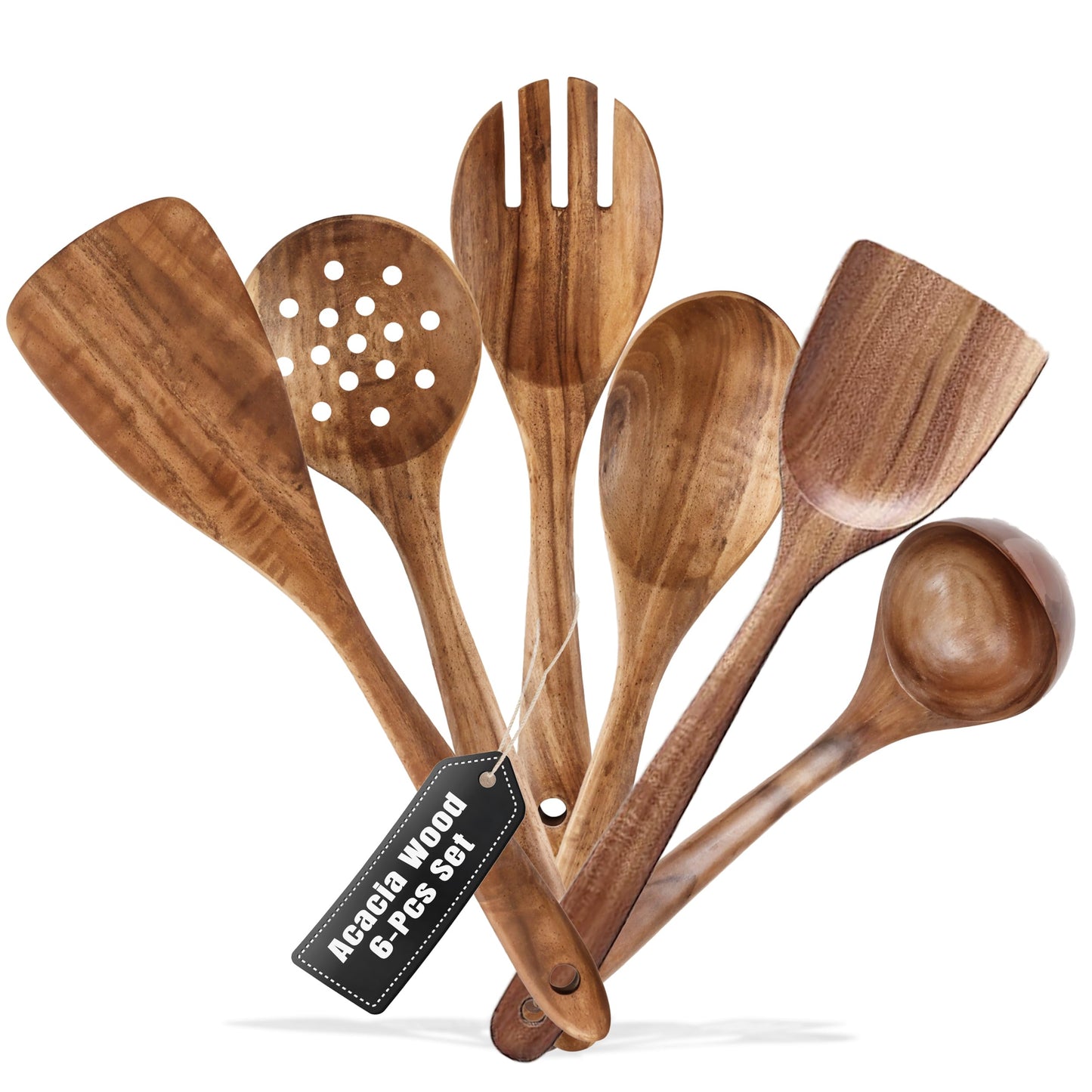 6 Piece Wooden Spoons for Cooking, Acacia Wood Kitchen Cooking Utensil Set for Nonstick Pans and Cookware | Wooden Spatulas & Spoons | Smooth Finish, Comfort Grip, Lightweight, Heat Resistant