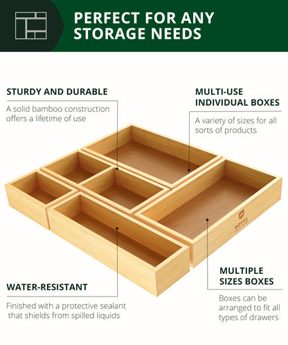 ROYAL CRAFT WOOD 5-Piece Bamboo Drawer Organizer Set – Multi-Use Storage Trays for Kitchen, Bathroom, Office, Makeup, Jewelry & More – Junk Drawer Tray, Utensil Holder, Storage Box & Bin Set (5 Boxes)