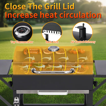 Charcoal Grill with Warming Rack - Porcelain-Coated Cooking Grates, Adjustable Temperature Control, Easy-Clean Ash Pan & Foldable Side Table - Perfect for Backyard BBQs, Tailgating & Camping