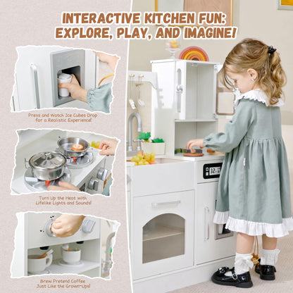 Wooden Play Kitchen for Toddlers and Kids with Lights & Sounds, Large Interactive Pretend Play Set with Ice Maker, Stove, Sink, Oven, 12 Accessories - Ages 3-8