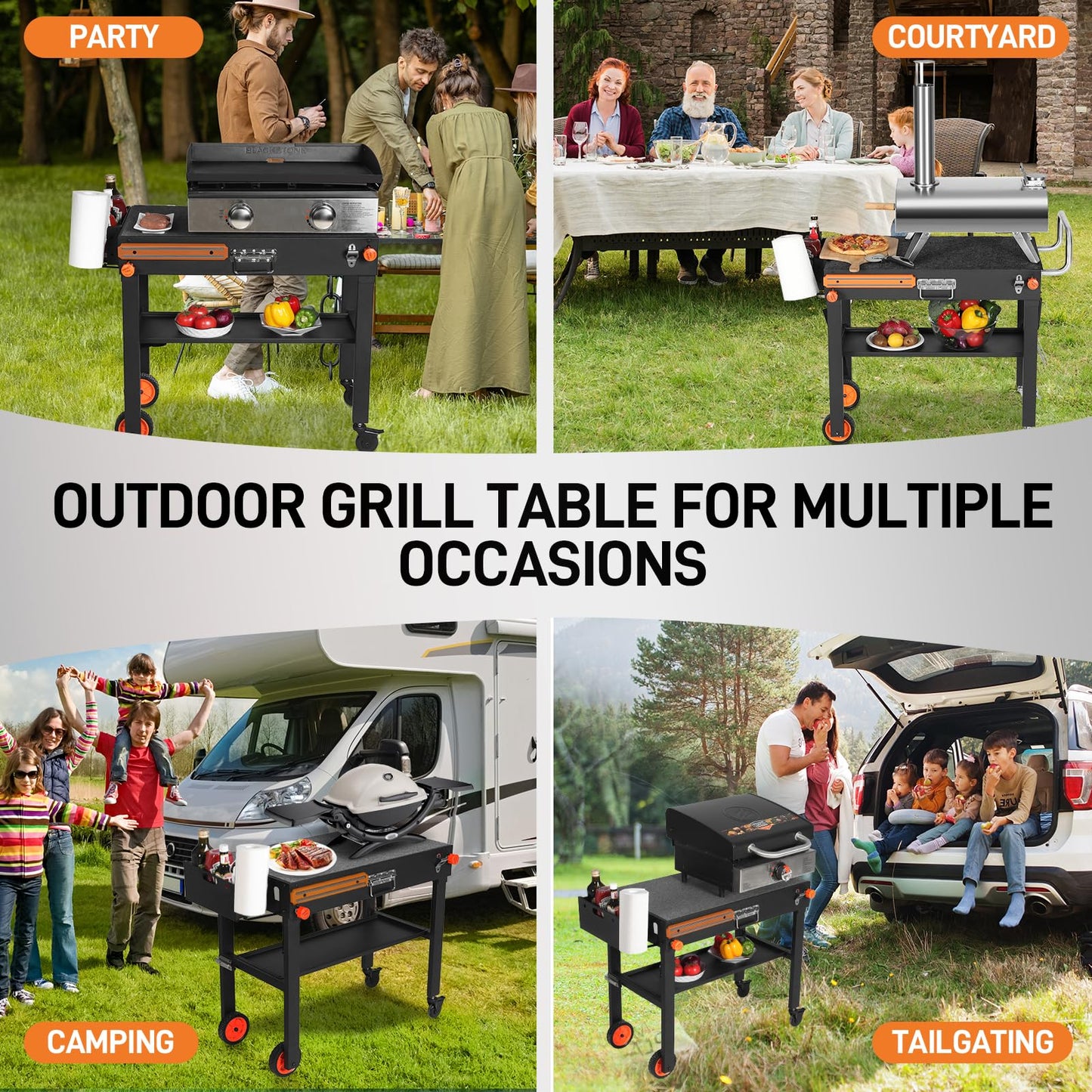 AOKEMAi Portable Universal Grill Table Stand, Dining Cart, Sturdy Camping Folding Table, Blackstone Stand with Caddy: Outdoor Table for Ninja Grill, Pizza Oven, Black