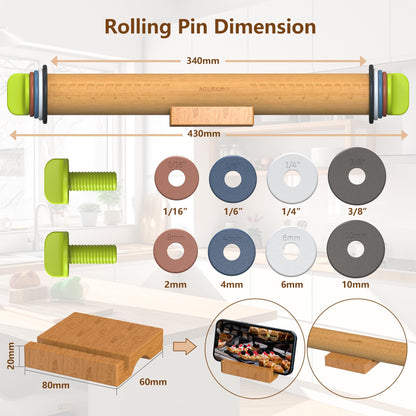 Aguegro Rolling Pin with Thickness Ring, Rolling Pin for Baking, Fondant, Pizza, Crust, Cookies, Pastry Dough Thickness, 13.6” Wooden Rolling Pin with 4 Multi-Color Thickness Rings and Wooden Base