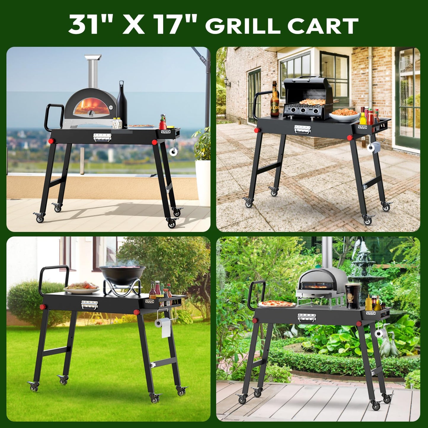 NUUK 31"x17" Outdoor Foldable BBQ Grill Table Cart Portable Folding Prep Worktable for Outside Cooking, Pizza Oven, Heavy-Duty 300LBS Capacity with Universal Wheels, Hander
