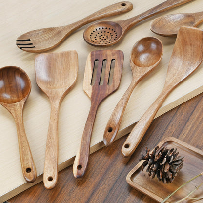 Wooden Spoons for Cooking, 8pcs Teak Wood Kitchen Utensils Set Nonstick Wooden Utensils Set Kitchen Utensils Set for Cooking