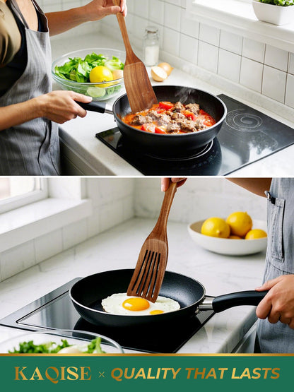 KAQISE Nonstick Wooden Spatula for Cooking, Finely Polished Teak Wooden Utensils, Kitchen Essential Spatula Set Contains Flat Turner and Slotted Spatula (2Pcs)