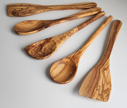 OLIVIKO 100% Olive Wood HANDMADE 5 Spoon Set | Ideal for Nonstick Cookware & Kitchen Utensils | Cooking, Baking & Serving | Eco-friendly & SALAD TONG Salad serving (Classic utensils)
