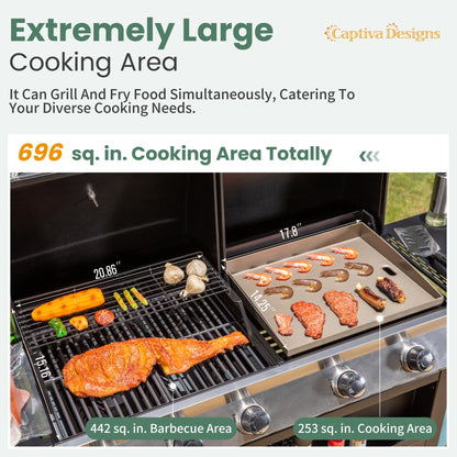 Captiva Designs Propane Gas Griddle Grill Combo with Porcelain-Enameled Cast Iron Grate & Cast Iron Pan, Dual BBQ Grill With Flat Top Griddle for Outdoor Kitchen & Backyard Barbecue,696 SQIN Cook Area