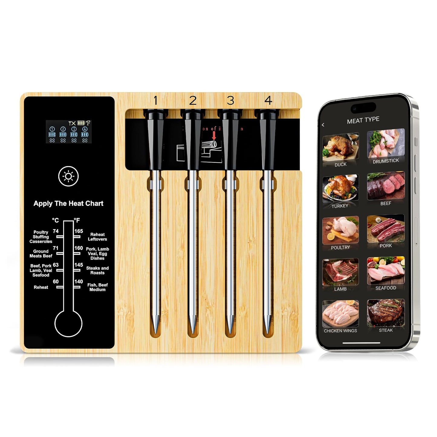 Smart Wireless Meat Thermometer 4 Probes, Bluetooth Food Thermometer, Remote Tracking and Real-Time Readings from Apps, for iOS and Android, for BBQ, Grill, Smoker, Nigogor Heat-Resistant Probes