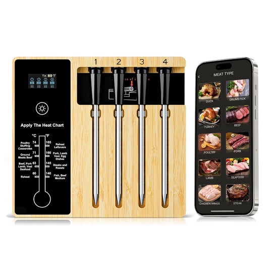 Smart Wireless Meat Thermometer 4 Probes, Bluetooth Food Thermometer, Remote Tracking and Real-Time Readings from Apps, for iOS and Android, for BBQ, Grill, Smoker, Nigogor Heat-Resistant Probes