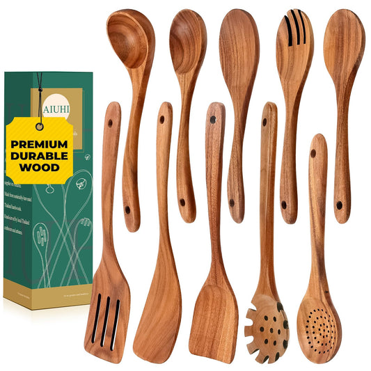 Wooden Kitchen Utensils Set, 10 Pcs Teak Wood Spoons for Cooking, Wooden Cooking Utensils for Non-stick Pan & Cookware