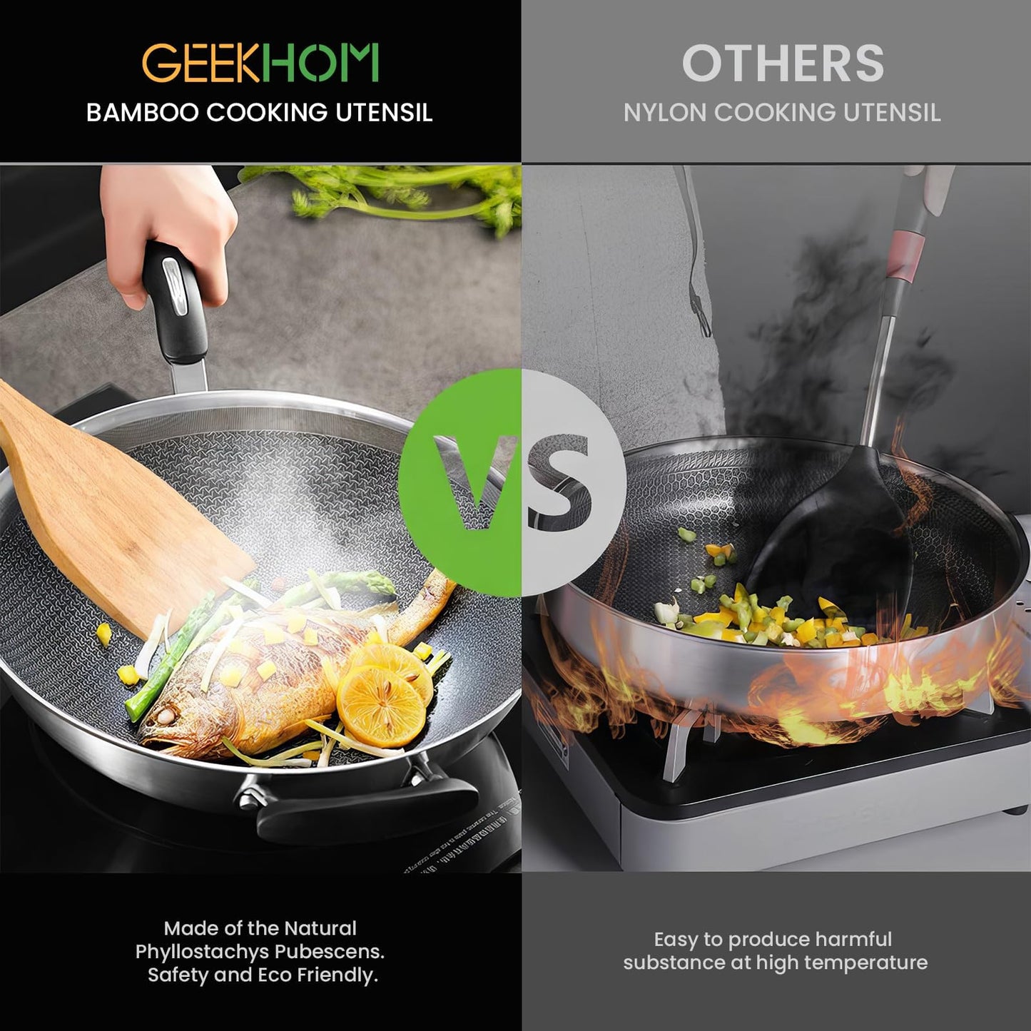 GEEKHOM Bamboo Spatulas for Nonstick Cookware, 13 Inch Wooden Kitchen Utensils, 2 Pack Wooden Spatula for Cooking, Slotted Wok Turners, Flipper for Pancake, Fish, Egg