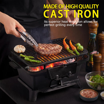 Hibachi Grill Outdoor, Portable Small Charcoal Grills, 100% Cast Iron, Mini Japanese Yakitori Tabletop Skillet Grill Stove for Outdoor Camping - Coal Door, Draft Door