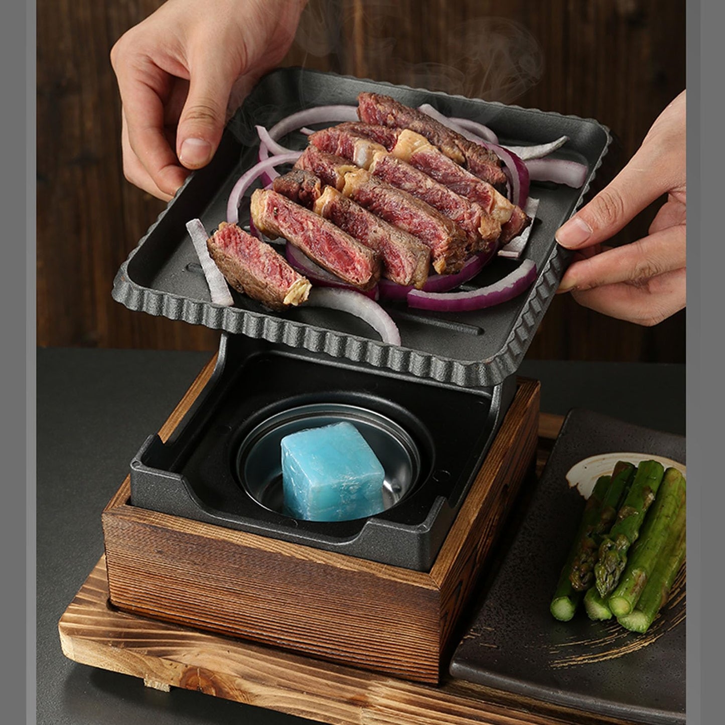 UGCER Japanese BBQ Grill Set, Portable Charcoal Stove with Wooden Base for Yakiniku, Robata, Yakitori, Takoyaki, Camping,C