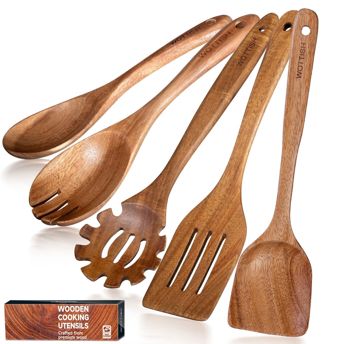 WOTTISH Wooden Spoons for Cooking - 5-Piece Wooden Kitchen Utensil Set made of Natural Solid Wood Material - Includes Salad Spoons, Spaghetti Spoon, Salad Fork, Flat Spatula,Slotted Spatula(A05)