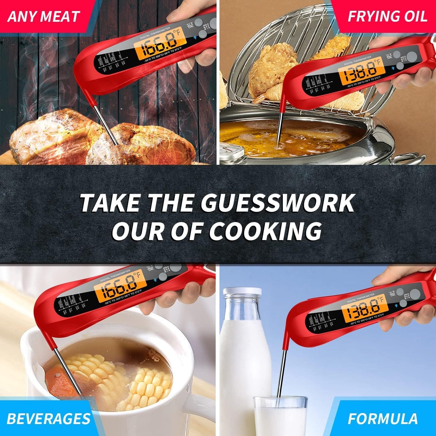 Meat Thermometer Digital, 1 Sec Instant Read, NIST Certified Accurate to ±0.5℉, Ultra Bright LED Screen, 100% Waterproof, Auto-Rotate, BBQ/Smoker/Candy, Valentines Gift, Red