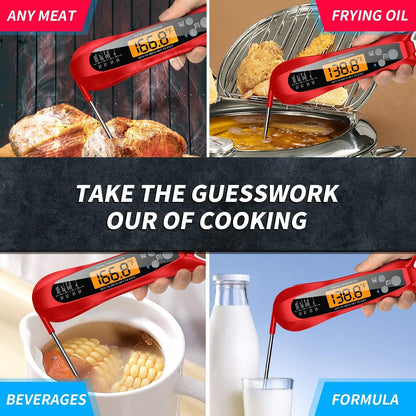 Meat Thermometer Digital, 1 Sec Instant Read, NIST Certified Accurate to ±0.5℉, Ultra Bright LED Screen, 100% Waterproof, Auto-Rotate, BBQ/Smoker/Candy, Valentines Gift, Red