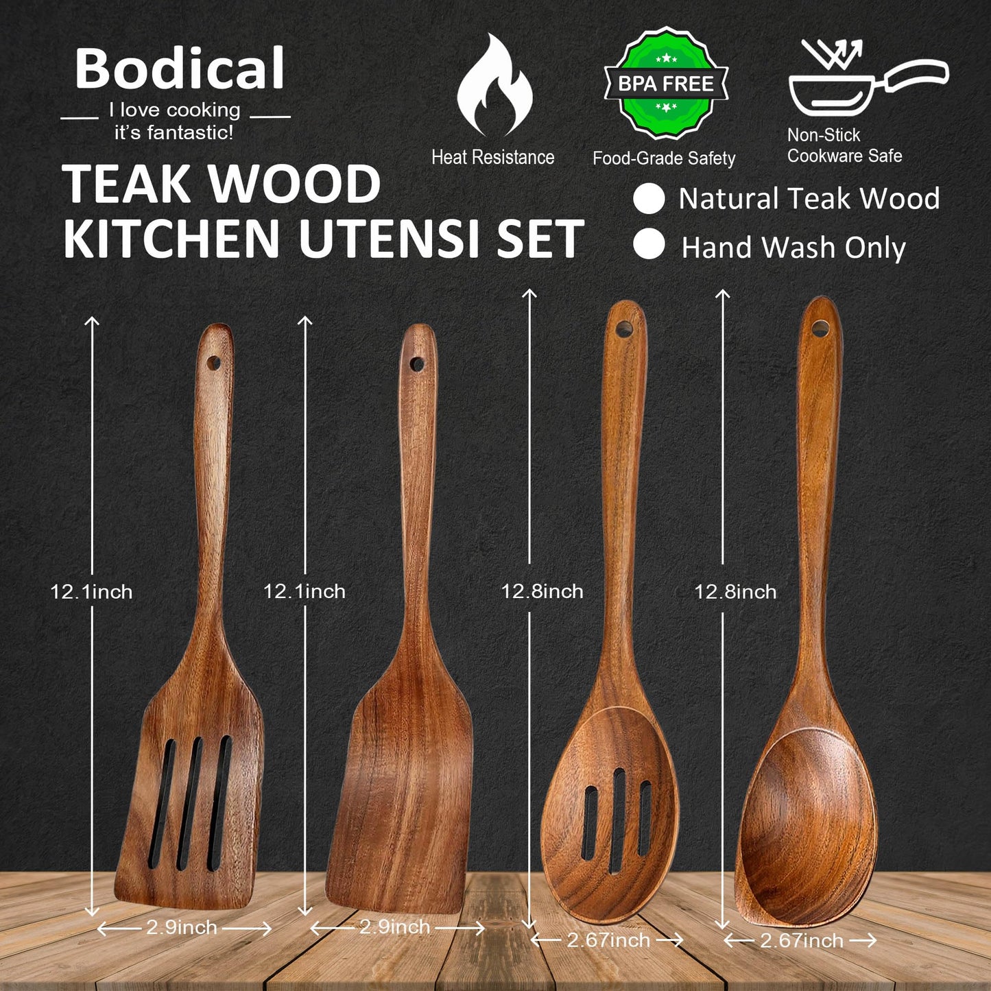 Wooden Spoons for Cooking, Teak Spatulas for Kitchen Use -Wooden Cooking Utensils Set of 4 for Nonstick Pans & Cookware – Sturdy& Heat Resistant, Includes Solid/Slotted Spatulas and Spoons