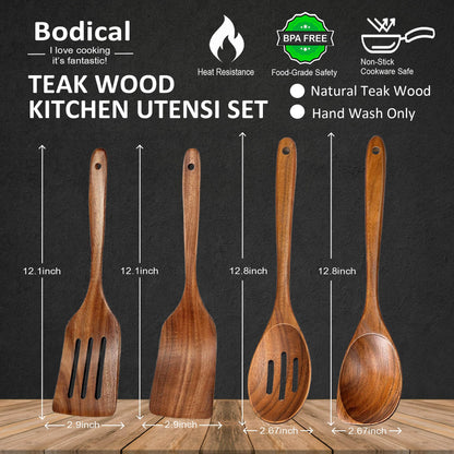 Wooden Spoons for Cooking, Teak Spatulas for Kitchen Use -Wooden Cooking Utensils Set of 4 for Nonstick Pans & Cookware – Sturdy& Heat Resistant, Includes Solid/Slotted Spatulas and Spoons