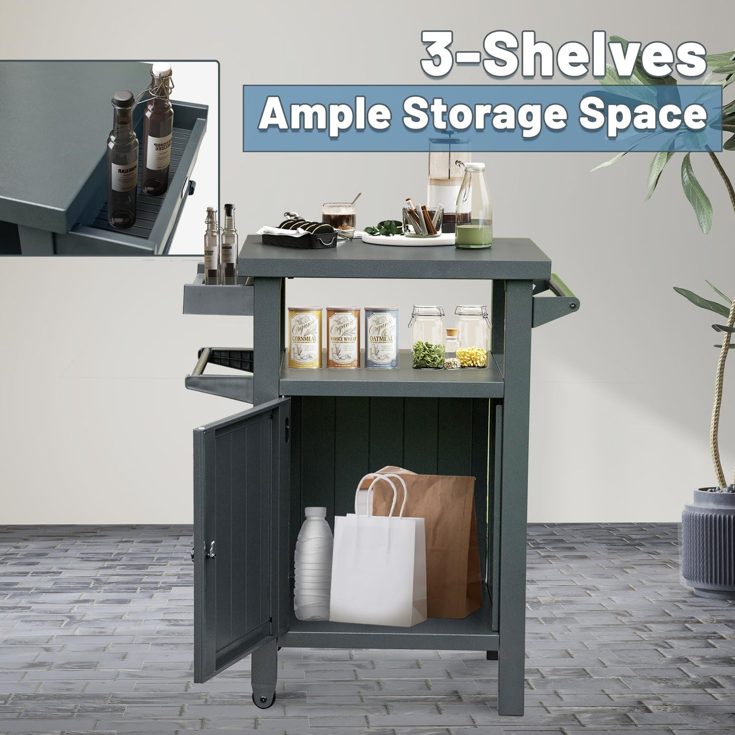 SHPAI Grill Cart Outdoor with Storage Cabinet, Portable Rolling Patio Bar Cart with Wheels, BBQ Prep Table, Movable Stainless Steel Kitchen Island Dining Cart for Food/Drink/Cooking -Grey