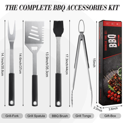 Griddle Accessories Kit - Grilling Accessories, Stainless Steel Heavy Duty Grill Tools Set with Spatula, Fork, Tongs, Brush and Gift-Box for Outdoor Barbecue, Home Grill (4PCS)