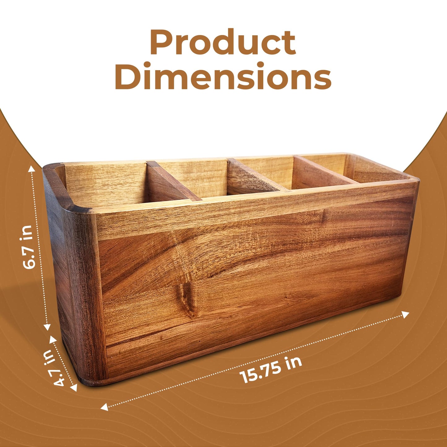 Dstuff Large Kitchen Utensil Holder Organizer for Counter or Countertop, Wooden Storage Container for Cooking and Silverware, Acacia Rustic Wood (4 Compartments)