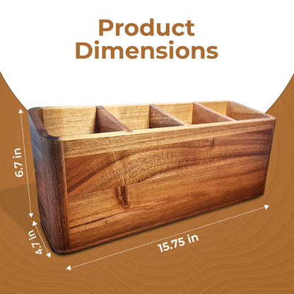 Dstuff Large Kitchen Utensil Holder Organizer for Counter or Countertop, Wooden Storage Container for Cooking and Silverware, Acacia Rustic Wood (4 Compartments)