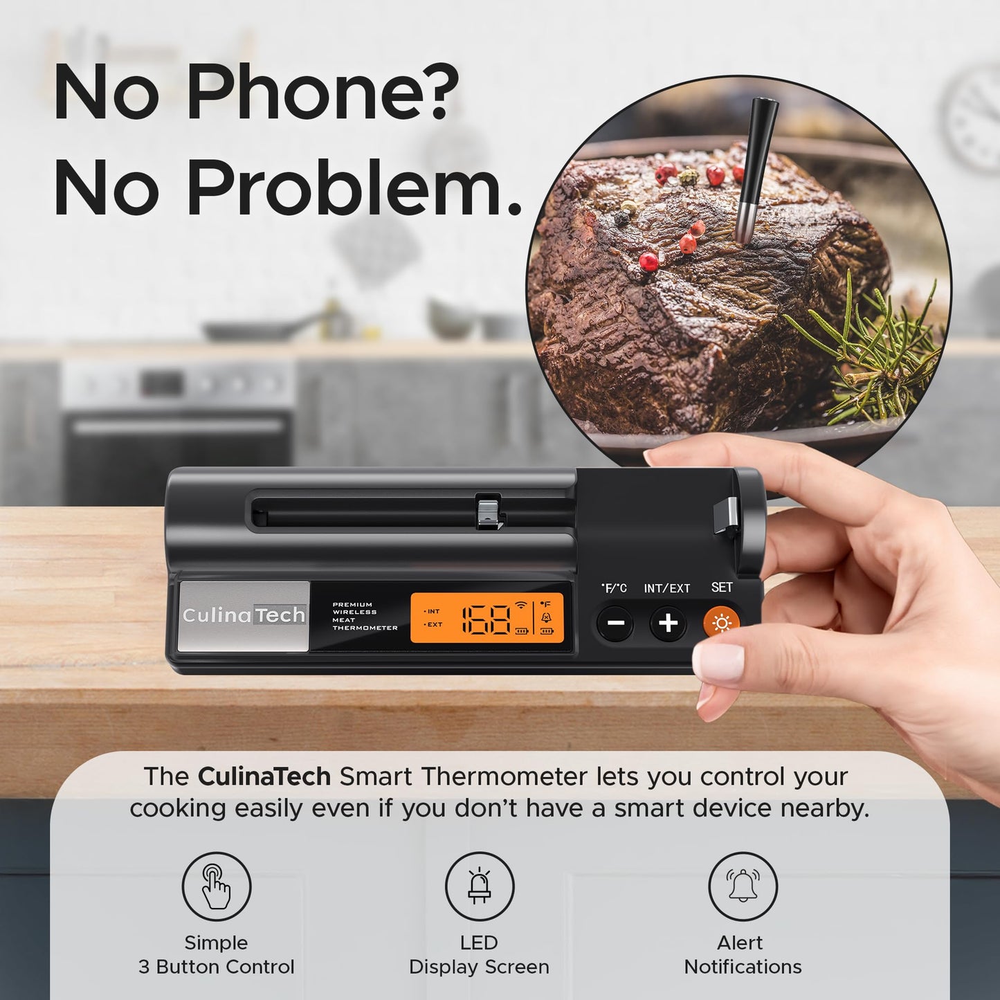 CulinaTech 700FT Wireless Meat Thermometer with LCD Screen, Digital Cooking Food Thermometer for Beef Lamb Turkey, Dual Sensor Measures Internal & Ambient Temp