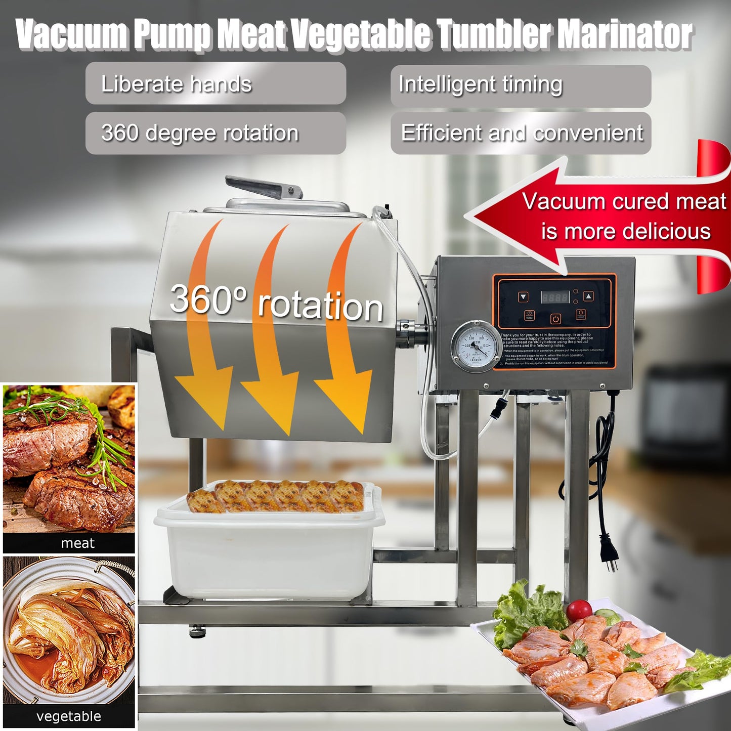 HQHAOTWU Vegetable Marinating Machine Meat Vegetable Tumbler Marinator Food Vacuum Marinator Fast Marination Process Meat Pickle Machine with Vacuum Pump 45L Capacity Timing Range 0-99 Minutes 110V