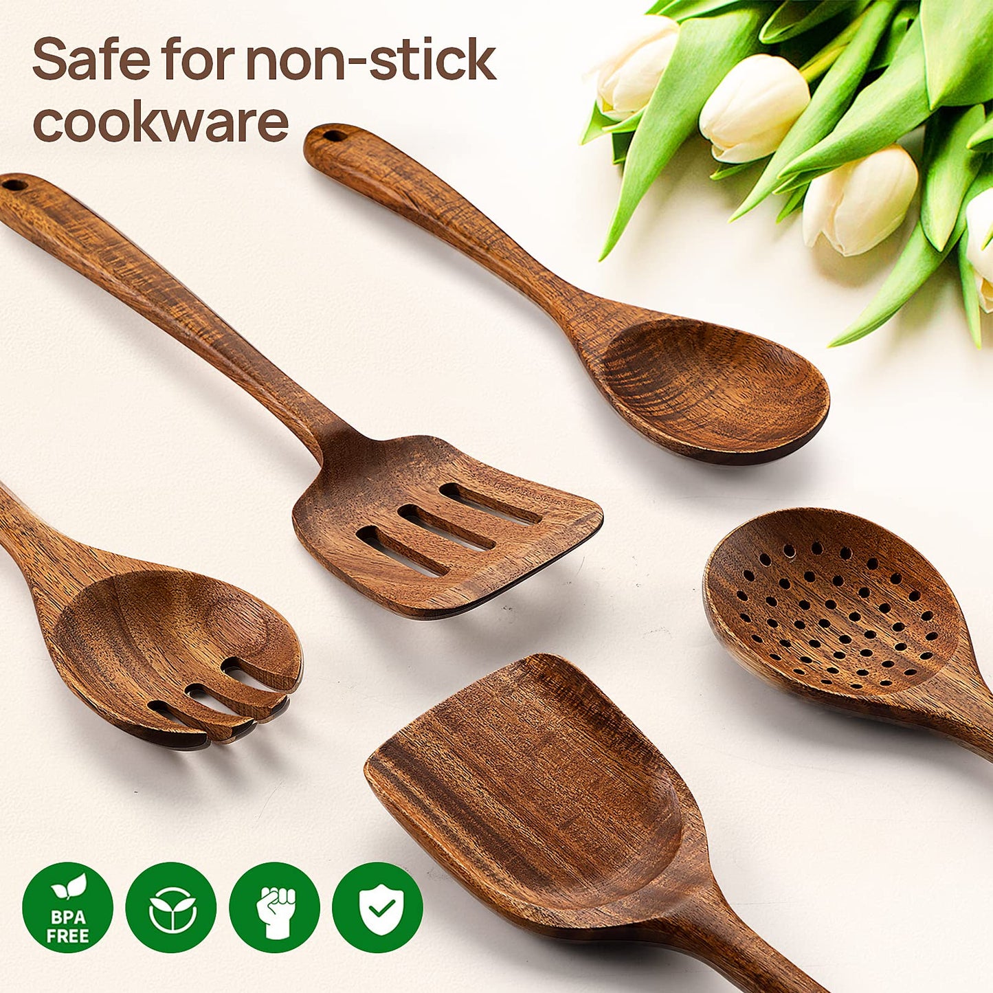 TANAAB Kitchen Wooden Spoons Utensils Set for Cooking, 5 Piece Acacia Wood Spoon Cooking Utensils Apartment Essentials Wooden Turner Spoon Spatula Kitchen Set for Nonstick Cookware (5-pieces-set)