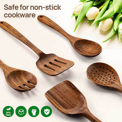 TANAAB Kitchen Wooden Spoons Utensils Set for Cooking, 5 Piece Acacia Wood Spoon Cooking Utensils Apartment Essentials Wooden Turner Spoon Spatula Kitchen Set for Nonstick Cookware (5-pieces-set)
